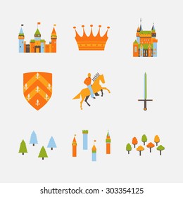 Collection of vector kingdom patterns. Set of flat style vector fairy tale fantasy kingdom icon templates.