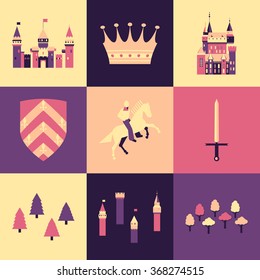 Collection of vector kingdom patterns. Set of flat style vector fairy tale fantasy kingdom icon templates.Vector castle,crown,knight,armor,forest and towers stylized icons.Logo design in modern style.
