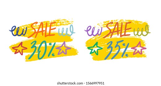 Collection of vector labels with different discount rates. Colorful elements for promo design, stickers, flyers.