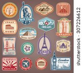 Collection of Vector labels with famous monuments and landmarks