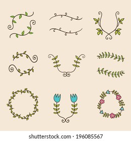 Collection with vector labels and frames. Set of a sketch vignette as branch with leaves and flowers.