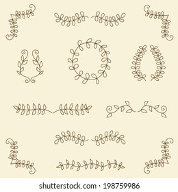 Collection with vector labels and frames. Set of a sketch vignette as branch with leaves. Ideal for decoration of invitations, texts, cards, etc.
