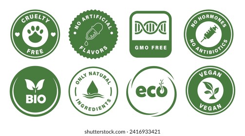 Collection of vector labels for product package. Cruelty free, GMO free, no hormones, bio, eco, vegan.