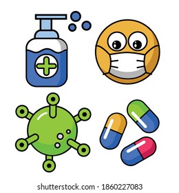 Sammlung von Vektoretiketten und Aufklebern, Coronavirus, Sanitisierer, Pillen, Gesicht mit Maske, gesunder Lebensstil
