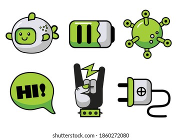 collection of vector labels and stickers, coronavirus, rock music, party, electric plug