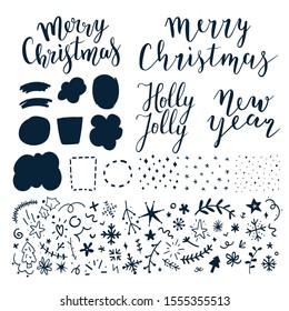 Collection of vector lettering phrases, doodles, hand drawn illustrations, frames, backgrounds and bubbles for chistmas and new year card or banner design. Greeting card creator, isolated elements