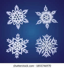 Collection of vector light gradient fairy detailed snowflakes on a magical blue background with highlights.