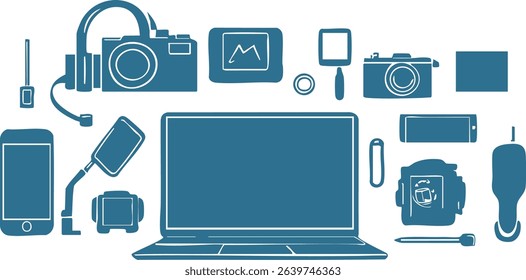 Collection of vector line art icons of electronic devices: laptops, cameras, mobile phones, and others. Minimalist and clean style, suitable for UI UX, mobile apps, technology websites