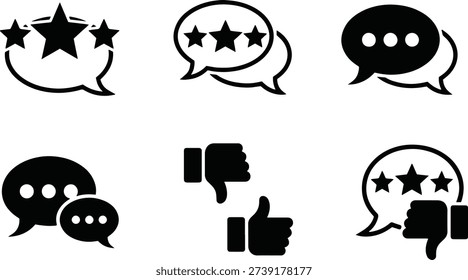 A collection of vector line art silhouettes depicting various chat bubbles and rating symbols, including stars, thumbs up and down, and speech bubbles, all in black on a white background, ideal for use in graphic design projects, digital artwork, and as clip art.