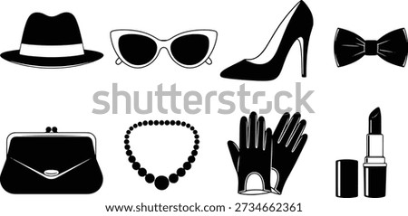 A collection of vector line art silhouettes featuring various fashion accessories for women, including a hat, sunglasses, high-heeled shoe, bow tie, handbag, jewelry, gloves, and lipstick, all in a modern and elegant style.