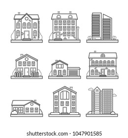 Collection of vector line city and rural houses for web design and illustration