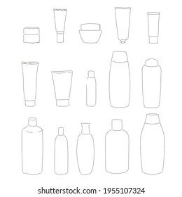 Kollektion von Vektorlinien gezogenen Gläsern und Röhren mit Kosmetika. Geh nach oben. Schwarz-Weiß-Skizze-Symbole für die Schönheitsseite, soziale Medien. Verpackung von Hautpflegeprodukten. Sammlung einfacher Symbole