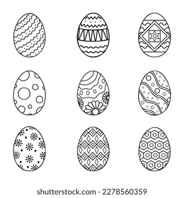 Collection of vector line Easter eggs illustration different texture, pattern isolated on White background