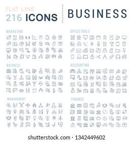 Collection of vector line icons of business. Finance, management, accounting, marketing, bank, office. Set of flat signs and symbols for web and apps.