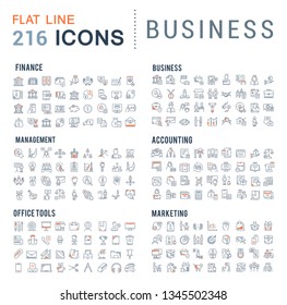 Collection of vector line icons of business. Finance, management, accounting, marketing, bank, office. Set of flat signs and symbols for web and apps.