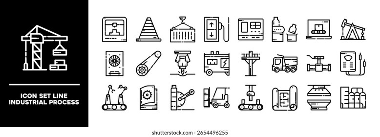 A collection of vector line icons depicting Industrial Process and machinery. Illustrating tools and equipment used in heavy industries and manufacturing. Icons Set Solid.