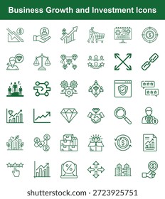 A collection of vector line icons depicting various aspects of business growth, investment, and financial strategies, including diamonds, success metrics, and networking concepts.