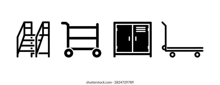 A collection of vector line icons depicting essential warehouse equipment including a step ladder, a multi-tier utility cart, a storage cabinet, and a flatbed trolley, designed for industrial logistics and facility management.