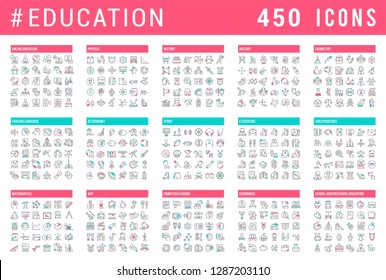 Collection of vector line icons of education. Natural and mathematical science, additional education, tutorship, freelance. Set of flat signs and symbols for web and apps.