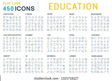 Colección de iconos vectoriales de la educación. Ciencias naturales y matemáticas, educación adicional, tutoría, freelance. Conjunto de símbolos y símbolos planos para la web y aplicaciones.