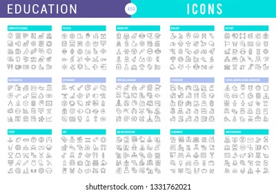Collection of vector line icons of education. Natural and mathematical science, additional education, tutorship, freelance. Set of flat signs and symbols for web and apps.
