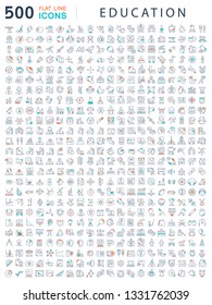 Collection of vector line icons of education. Natural and mathematical science, additional education, tutorship, inclusive education, training animals, freelance. Set of flat signs and symbols.