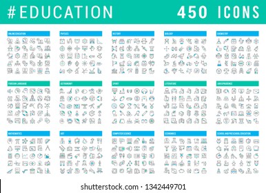 Collection of vector line icons of education. Natural and mathematical science, additional education, tutorship, freelance. Set of flat signs and symbols for web and apps.