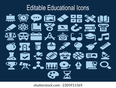 Sammlung von Vektorgrafik-Symbolen der Bildung. Naturwissenschaften und Mathematik, zusätzliche Bildung, Tutorium, Freiberufler. Satz flacher Zeichen und Symbole. Studium, Lernen, Wissen, Chemie, Globus