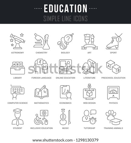 Collection of vector line icons of education with text.