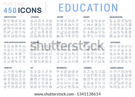 Collection of vector line icons of education. Natural and mathematical science, additional education, tutorship, freelance. Set of flat signs and symbols for web and apps.