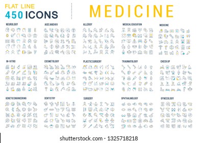 Collection of vector line icons of medicine. Surgery, dentistry, invitro, aids, cancer, check up, orthodontics, biology, vet, clinic, education. Set of flat signs and symbols for web and apps.
