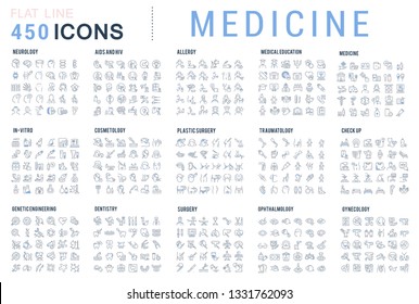 Colección de iconos vectoriales de la medicina. Cirugía, odontología, invitro, ayudas, cáncer, chequeo, ortodoncia, biología, veterinaria, clínica, educación. Conjunto de símbolos y símbolos planos para la web y aplicaciones.