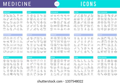 Collection of vector line icons of medicine. Surgery, dentistry, invitro, aids, cancer, check up, orthodontics, biology, vet, clinic, education. Set of flat signs and symbols for web and apps.