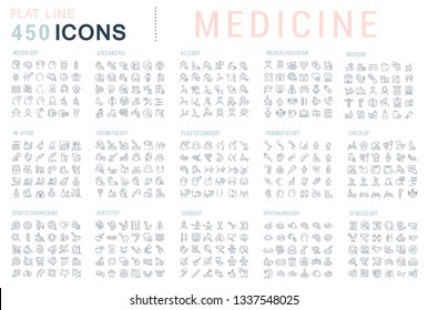 Collection of vector line icons of medicine. Surgery, dentistry, invitro, aids, cancer, check up, orthodontics, biology, vet, clinic, education. Set of flat signs and symbols for web and apps.