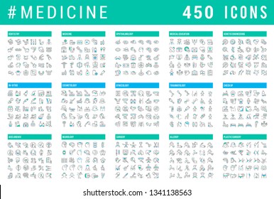 Collection of vector line icons of medicine. Hospital, pediatrics, aids, cancer, check up, orthodontics, biology, vet, clinic, education. Set of flat signs and symbols for web and apps.