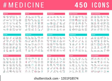 Collection of vector line icons of medicine. Hospital, invitro, aids, cancer, check up, orthodontics, biology, vet, clinic, education. Set of flat signs and symbols for web and apps.