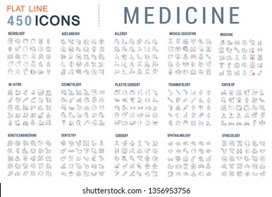 Collection of vector line icons of medicine. Surgery, dentistry, invitro, aids, cancer, check up, orthodontics, biology, vet, clinic, education. Set of flat signs and symbols for web and apps.