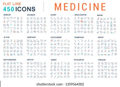 Collection of vector line icons of medicine. Surgery, dentistry, invitro, aids, cancer, check up, orthodontics, biology, vet, clinic, education. Set of flat signs and symbols.