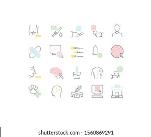 Collection of vector line icons of medicine. Surgery, dentistry, invitro, aids, cancer, check up, orthodontics, biology, vet, clinic, education. Set of flat signs and symbols for web and apps.