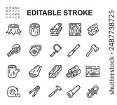 Collection of vector line icons related to wood. Contains icons such as various shapes of wood, carpenter