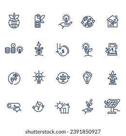 Sammlung von Vektorliniensymbolen im Zusammenhang mit Energieeinsparungen. Enthält Symbole wie z. B. , Öko, Energie, Energie, Umwelt