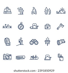 Collection of Vector Line Icons Related camping or hike. Contains Icons such as tent, fire, tree