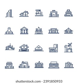 Collection of Vector Line Icons Related Building. Contains Icons such as school, church, factory