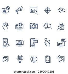 Collection of Vector Line Icons Related SEO marketing. Contains Icons Business management, marketing, research
