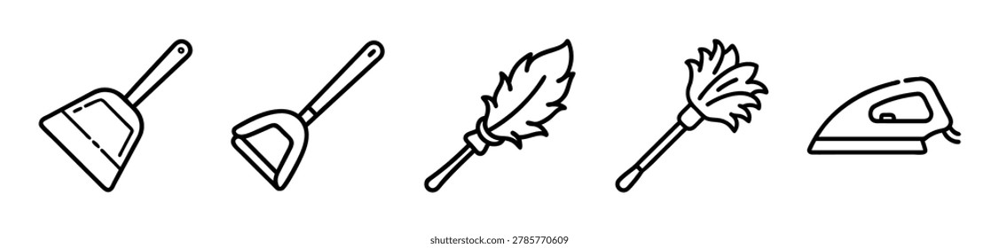 A collection of vector line icons representing various household cleaning and maintenance tools, including a dustpan, scraper, feather duster, and iron.