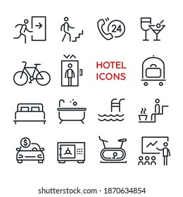 Collection of vector line icons. Icons for service services, rent, hotels, apartments, hostels. Isolated on white background, flat design