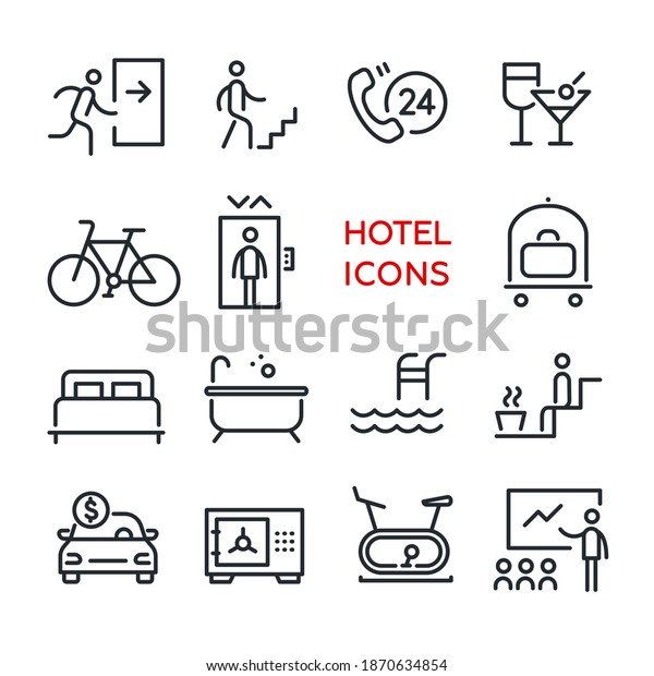 Collection of vector line icons. Icons for service\
services, rent, hotels, apartments, hostels. Isolated on white\
background, flat\
design