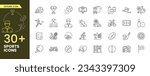 Collection of vector line icons of the sport. Icons of active lifestyle, hobbies, sports equipment, and clothing. Set of flat signs and symbols.