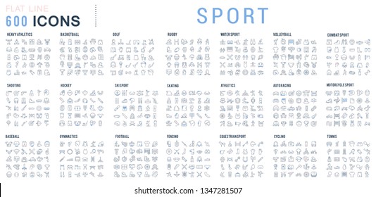 Collection of vector line icons of sport. Icons of active lifestyle, hobbies, sports equipment and clothing. Set of flat signs and symbols for web and apps.