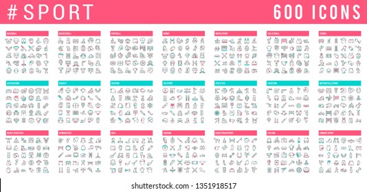 Collection of vector line icons of sport. Icons of active lifestyle, hobbies, sports equipment and clothing. Set of flat signs and symbols for web and apps.